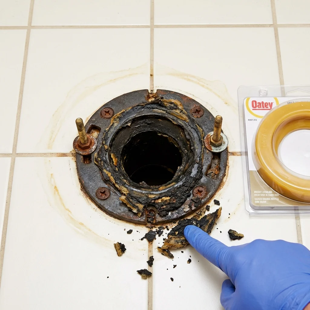 Failed wax ring showing water seepage at the base of a toilet in a Fajardo, PR home